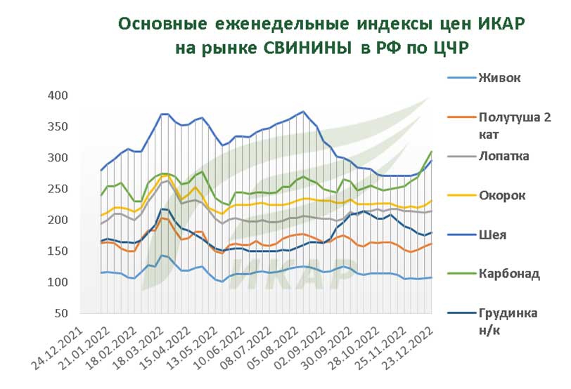 Основные еженедельные индексы цен ИКАР на рынке СВИНИНЫ в РФ по ЦЧР в 2021 году – 2022 году